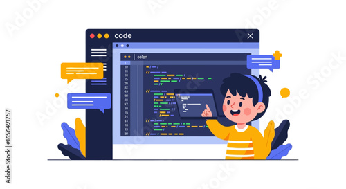 Boy learning coding a young programmer develops software on his computer illustrating early education and future technology careers.