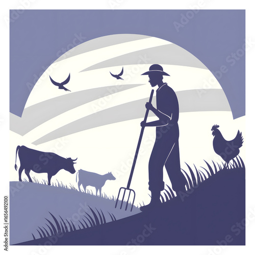 Serene retro-style illustration of a farmer with animals in a rural landscape.