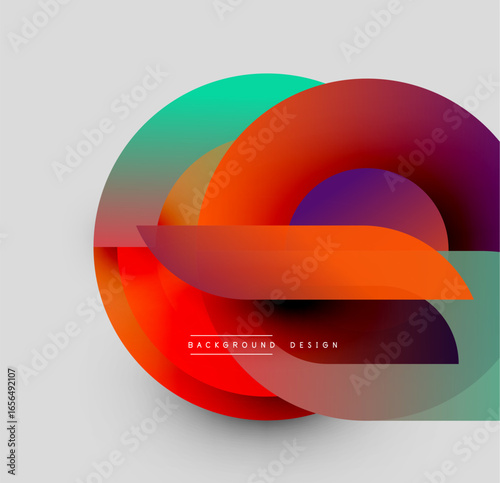 Abstract colorful shapes overlap, creating dynamic composition. Gradients blend smoothly, forming modern visual effect. Design features vibrant hues.
