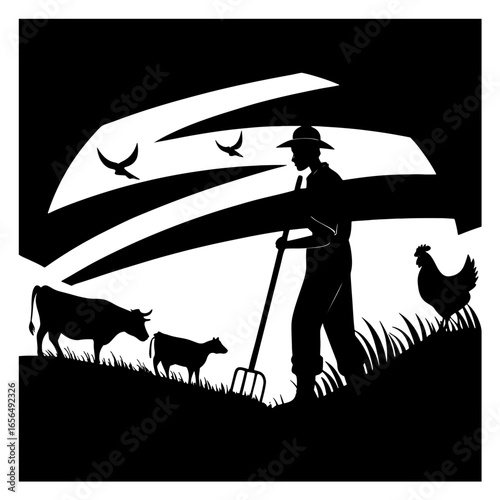 Retro style silhouette illustration of a farmer with animals in a black and white landscape.