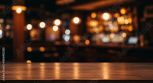 Empty Brown Wooden Table in Bar with Blurred Warm Lighting