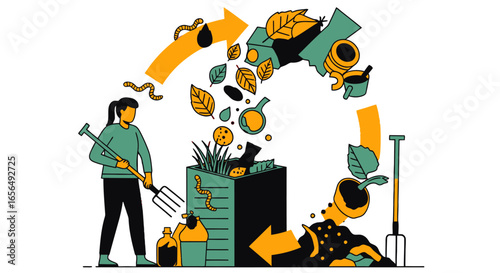 compost work woman using pitchfork for composting organic waste in garden illustrating recycling process and promoting sustainable living practices eco-friendly lifestyle