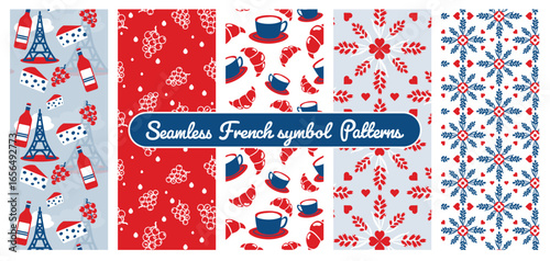 French seamless symbol patterns for vacation fibes, from coffee with a croissant in Paris to the south of France with lavender fields, vineyards