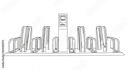 ebike charging station infrastructure shared electric bikes parked at a modern station for public transport promoting sustainability and urban mobility solutions perfect for green initiative promotion