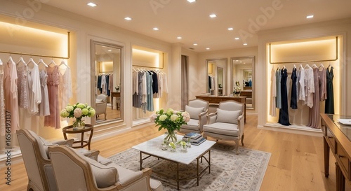 Elegant Boutique Interior with Warm Lighting and Pastel Dresses
