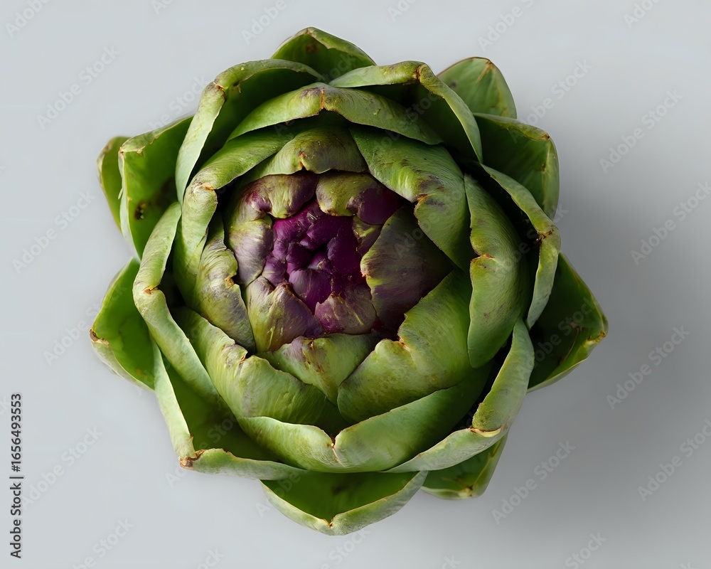 Fototapeta premium Fresh artichoke head with purple center and green leaves photographed from above on light gray background, isolated food ingredient for cooking and design.