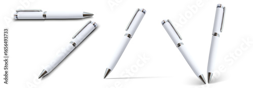 White ballpoint pens with chrome accents shown in multiple angles on a clean background. Realistic vector illustration for branding, stationery mockups, corporate identity, advertising and design.