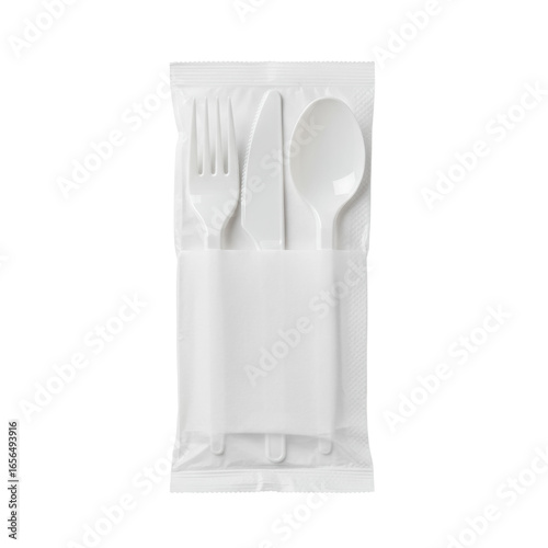 Three disposable white plastic utensils (fork, knife, spoon), subtly translucent, bundled in a transparent paper napkin, neatly folded, isolated on a transparent seamless background with high-key