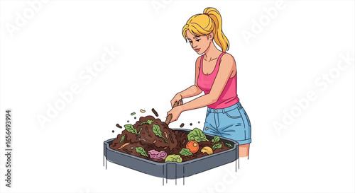Woman composting food scraps and garden waste in a compost bin turning the soil for sustainable living and environmental awareness at home.
