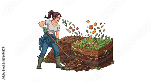 Woman composting food scraps turning the compost pile in a garden with a pitchfork promoting sustainable living and reducing waste for environmental awareness.