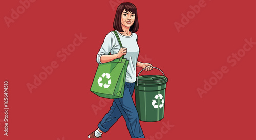 woman recycling with a tote and bin eco-conscious lady walking holding a recycling bin and a reusable tote bag promoting environmental awareness and waste reduction.
