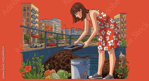 Urban composting woman adding organic matter to compost bin in city garden promoting sustainability and reducing waste great for environmental awareness campaign