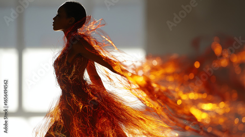A versatile stock image showing graceful salsa dancer setting the stage ablaze: long-haired model in vibrant flamingo gown, surrounded by mesmerizing fire performances and captivating costume
(168.