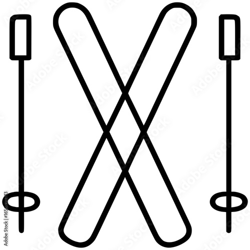 Minimalist icon of ski poles and skis with geometric line design, vector illustration representing winter sports, skiing, alpine activity, competition, and outdoor recreation