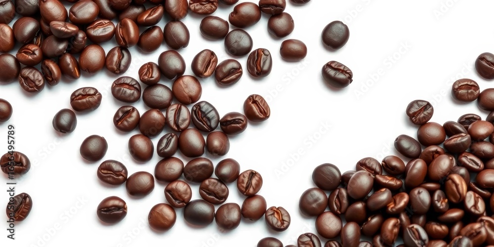 Obraz premium Dark, oily espresso beans close-up, vibrant and rich against a stark white background, macro, white background