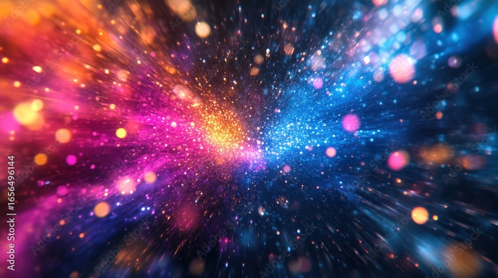 Fototapeta premium A vibrant abstract light display with dynamic bursts of pink, blue, and orange particles creating a sense of motion and depth.