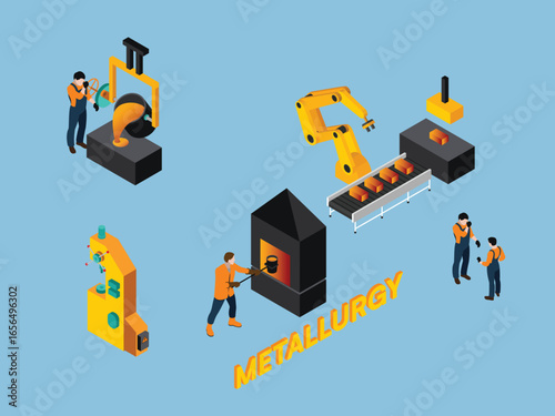 Metallurgy Industry Isometric Icons Set 3d flat vector illustrations