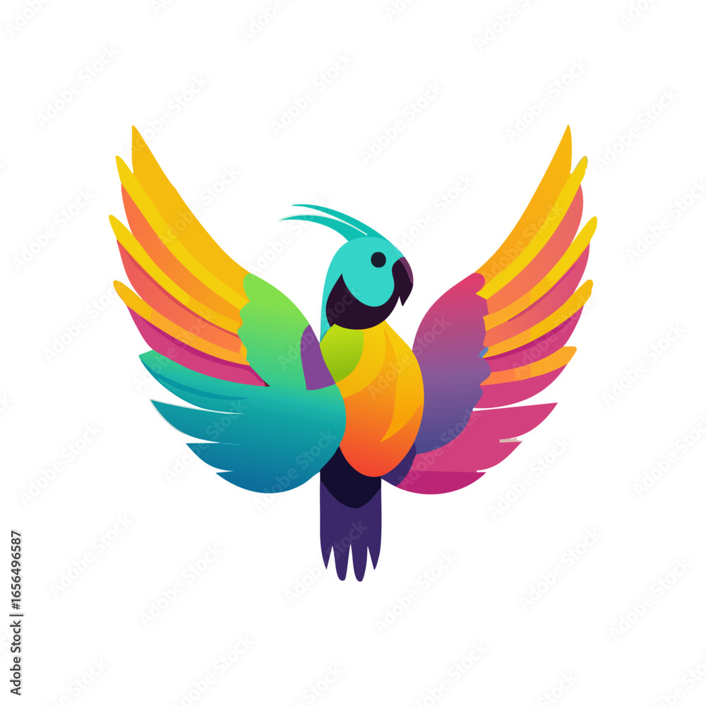 Obraz premium A vividly colored parrot displays its stunning wings, showcasing a range of bright hues. The parrot's lively pose captures its playful nature and beauty in an artistic style.