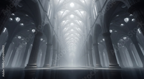 Epic and atmospheric gothic cathedral hall with misty light rays.