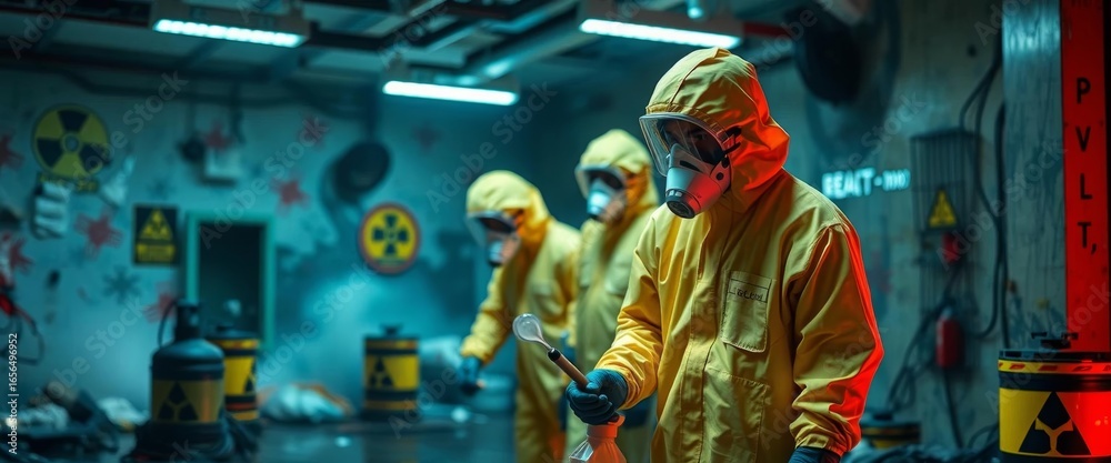 Fototapeta premium Figures in hazmat suits disinfecting a polluted, radioactive environment, waste, toxic waste