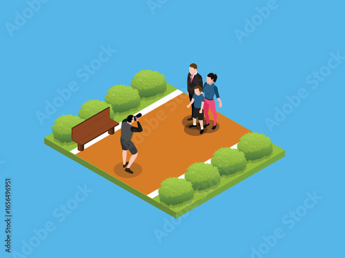 Photographer Taking Family Photo in the Park 3d flat vector illustrations