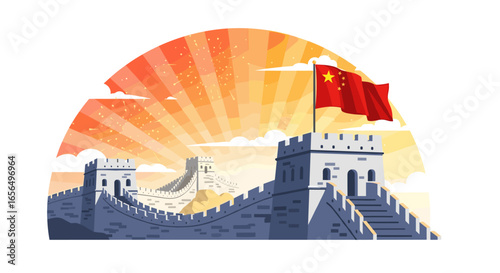 Great Wall of China vector illustration, iconic landmark, travel concept, flat design, sunset