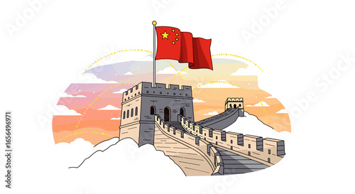 great wall of china illustration vector, famous landmark icon concept, travel design, flat style, scheme