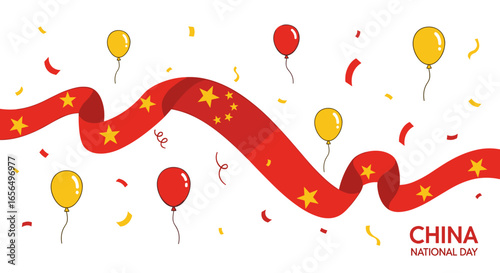 china national day vector illustration, celebration ribbon, balloons, stars, festive background, flat design 