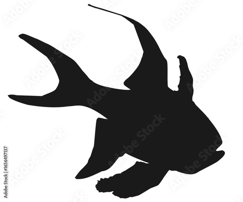 Banggai cardinalfish black silhouette icon isolated on white background, profile view. Pterapogon kauderni tropical fish cutout logo, side view. Small exotic saltwater fish, vector flat design eps 10