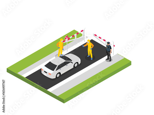 Border Control and Quarantine Checkpoint 3d flat vector illustrations