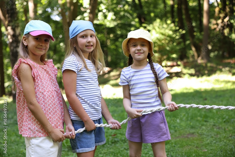 Fototapeta premium Cute little kids playing tug of war in park
