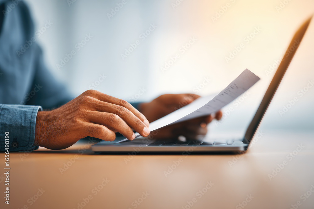 Fototapeta premium Analyzing documents on laptop office environment digital workspace professional setting close-up view business productivity insights