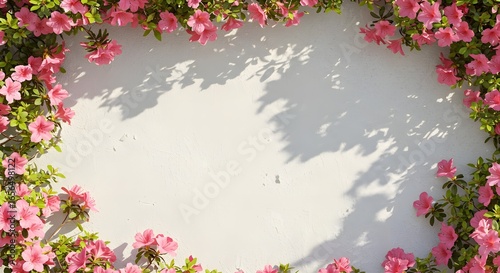 Flores rosadas en cascada sobre una pared blanca texturizada