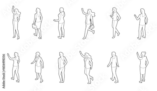 perspective of women in formal business attire in cad lines vector illustration