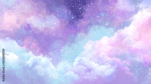 A dreamy sky with vibrant pastel hues of pink, blue, and lavender, fluffy clouds glowing softly,