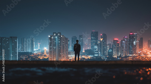 A richly detailed view of city panorama: a symphony of skyscrapers - bustling urban scene with commercial, residential areas, and dramatic sky views.