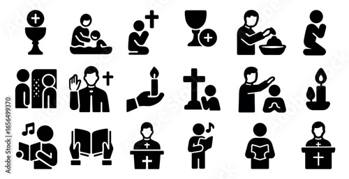 Religious and worship silhouette icons set – filled, ritual, faith symbols