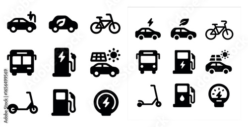 Eco-friendly transportation icons set - solid, green, sustainable travel symbols