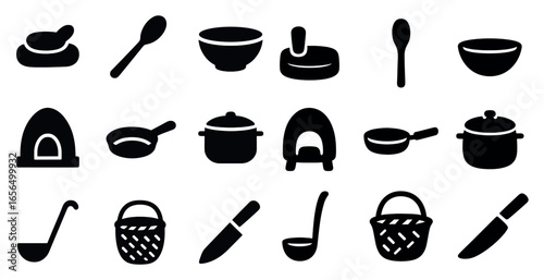 Kitchen essentials icons set – solid, silhouette, cooking and culinary symbols