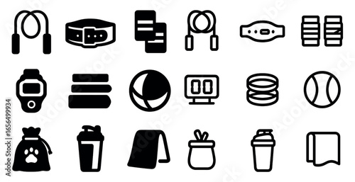 Fitness and exercise solid icons set – sports, health, workout equipment symbols