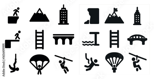 Adventure and sports solid icons set – silhouette, filled, climbing and outdoor symbols