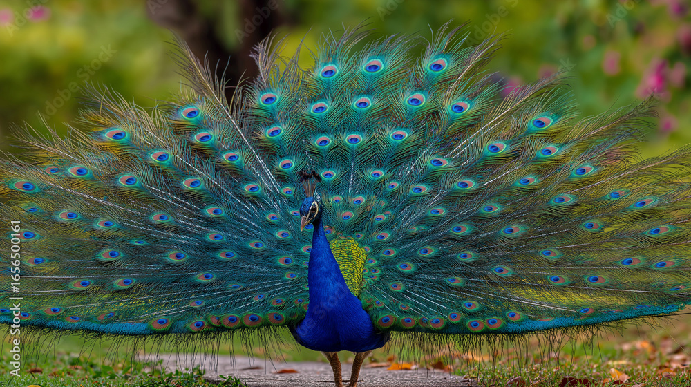 Obraz premium An eye-catching editorial-style photo majestic blue peacock in vivid display - lively members of the pheasant family.