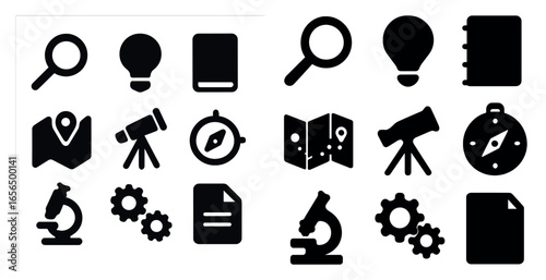 Science exploration icons set – solid, filled, discovery and research symbols