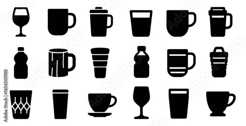 Beverage and drink solid icons set – silhouette, filled, cup and glass designs