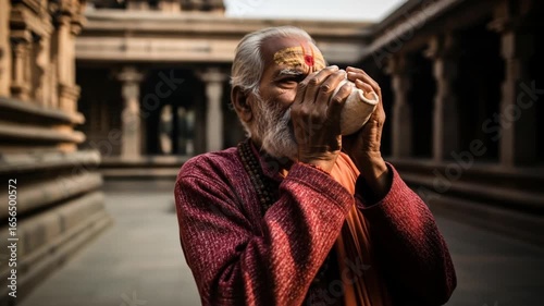 Portrait of an Elderly Indian Man Blowing a White Conch Shell in a Temple Setting with Stone Pillars and Red Clothings