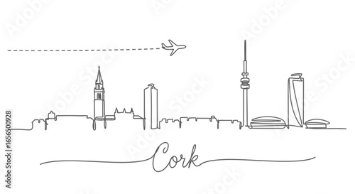 Cork Ireland Skyline with Single Line Art, and Airplane.