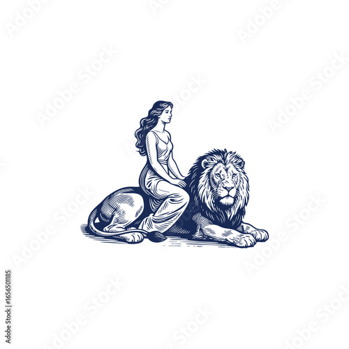 Elegant woman sitting gracefully on a mighty lion lying down, engraving logo design illustration