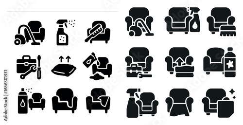 Cleaning solid icons set – filled, hygiene and sanitation symbols collection