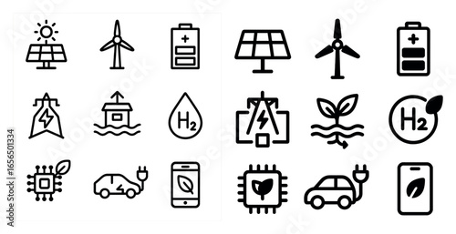 Renewable energy icons set – outline, linear, eco and green technology symbols