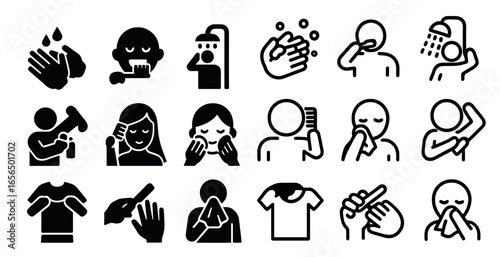 Personal hygiene silhouette icons set – clean, sanitary and grooming symbols